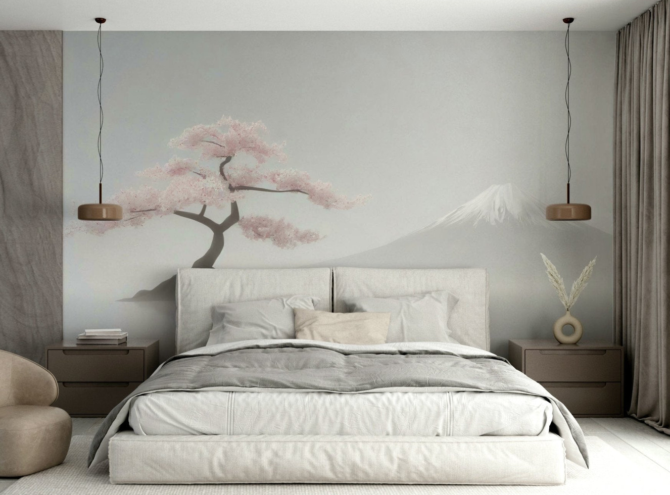 Close-up of delicate sakura flowers on light wallpaper

