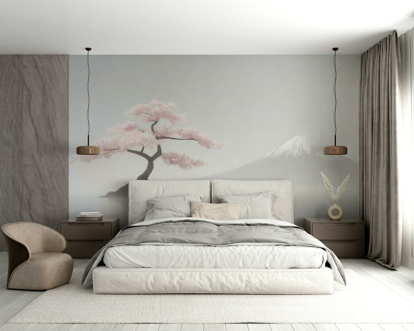 Close-up of delicate sakura flowers on light wallpaper

