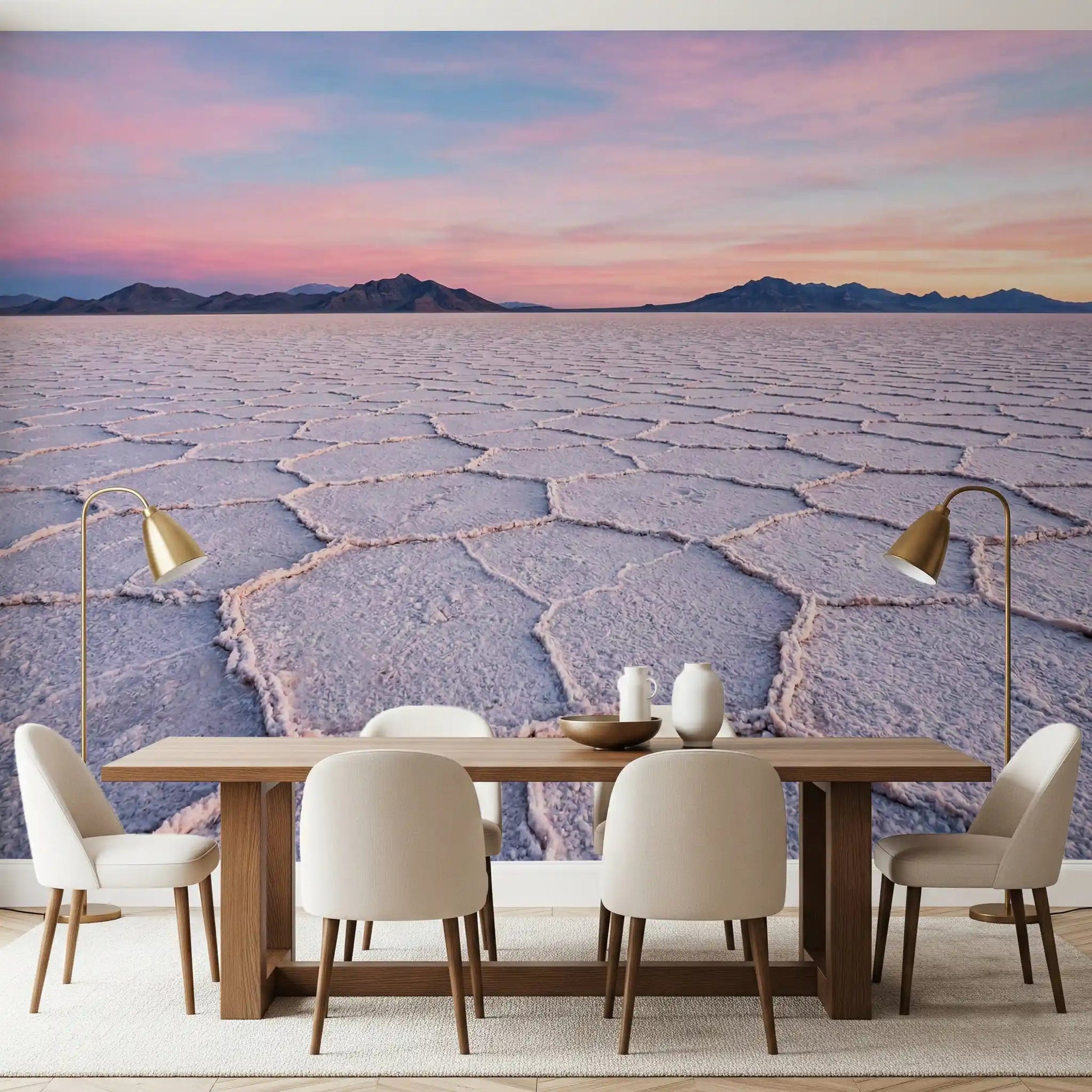Premium salt flats wall mural bringing tranquility to a dining room.