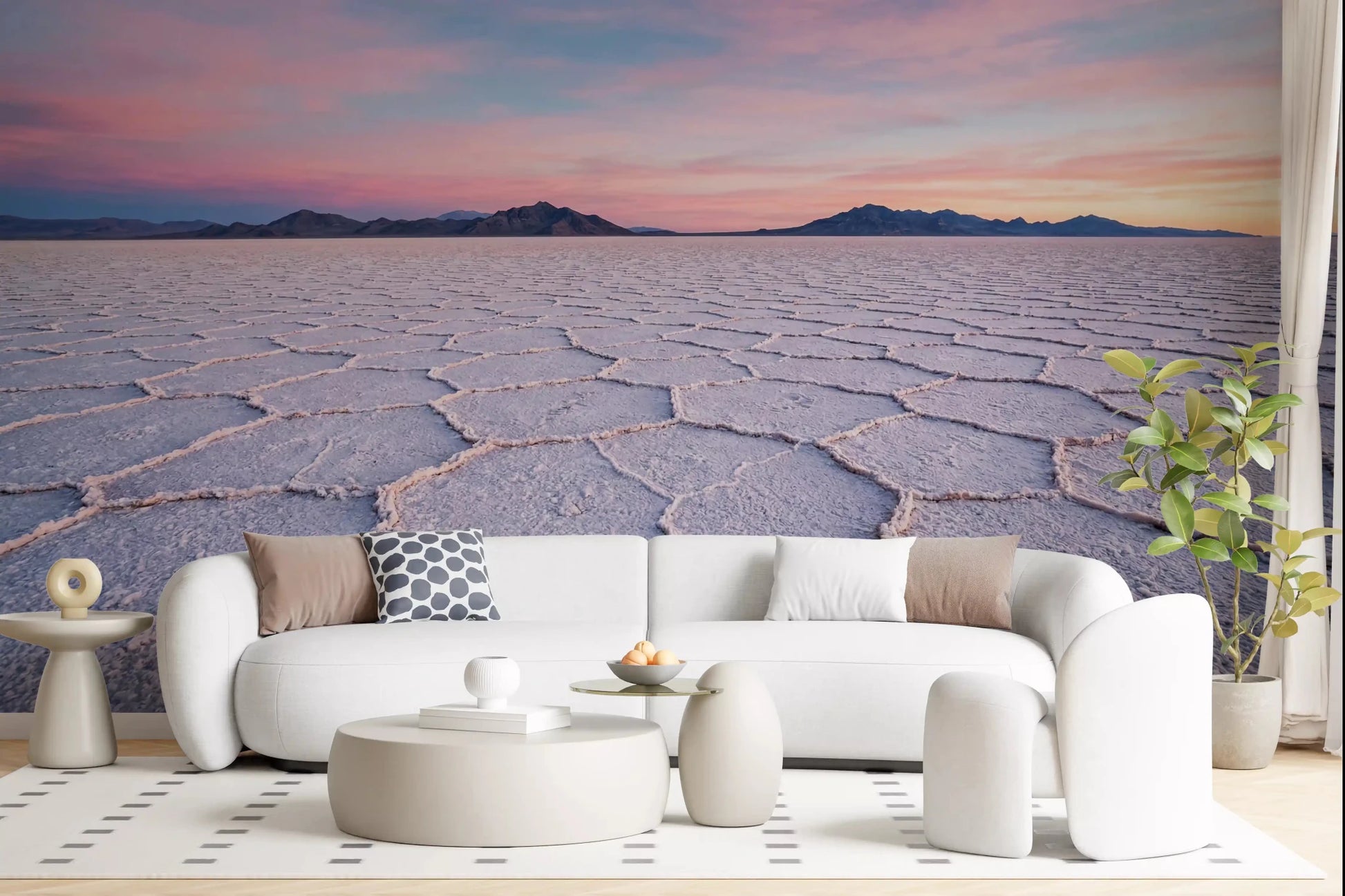 Wall mural with salt flats and geometric patterns, great for accent walls in living rooms.
