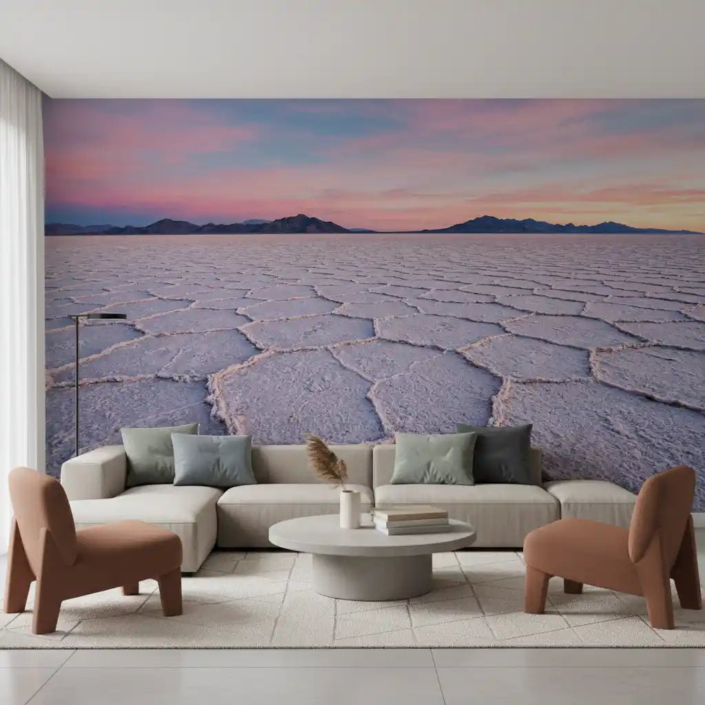 Salt flats wall mural with pastel skies, perfect for a serene guest room.
