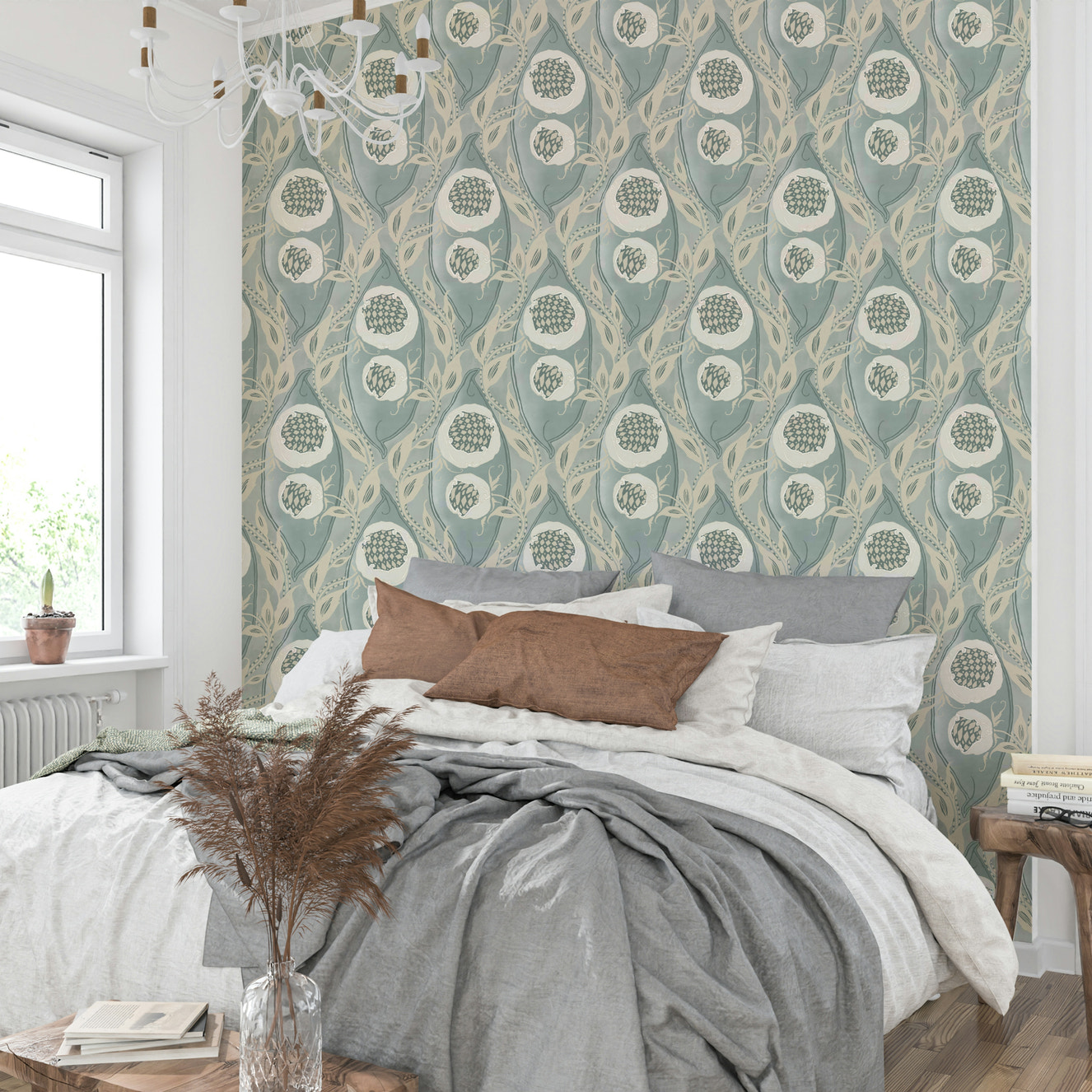 Pale aqua and teal patterned wallpaper for a master bedroom suite.