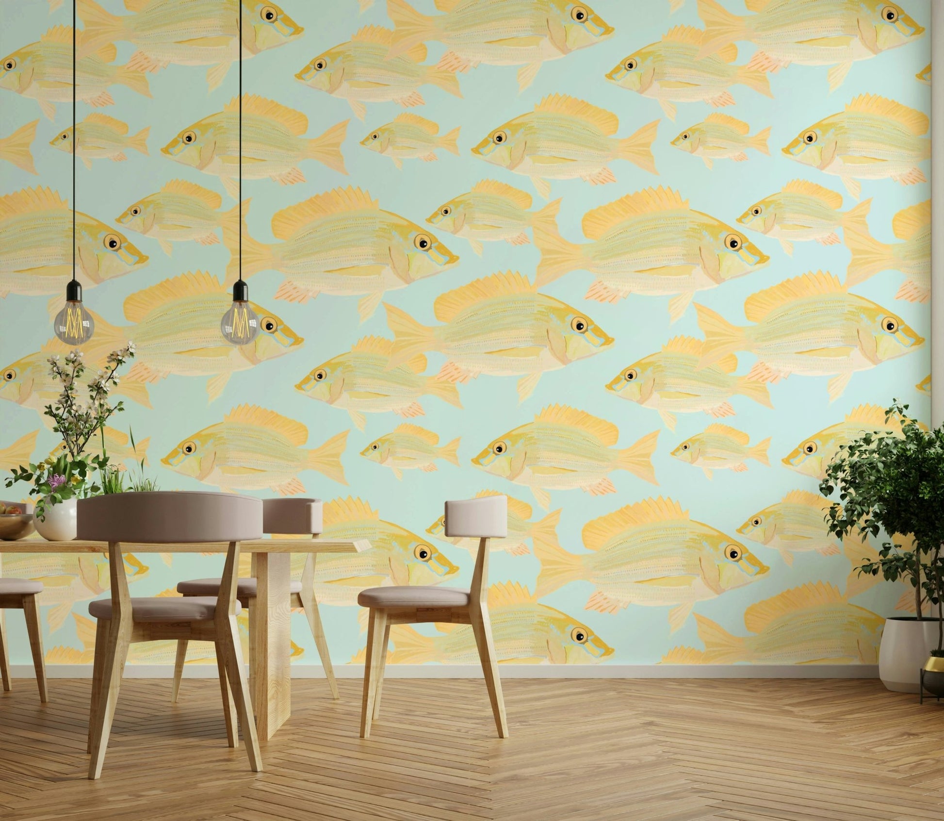 Detailed fish illustration on decorative wallpaper

