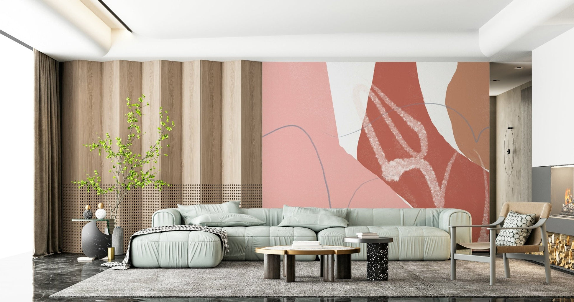 Gentle flowing shapes in blush and beige tones giving the wallpaper a soft coastal feel.