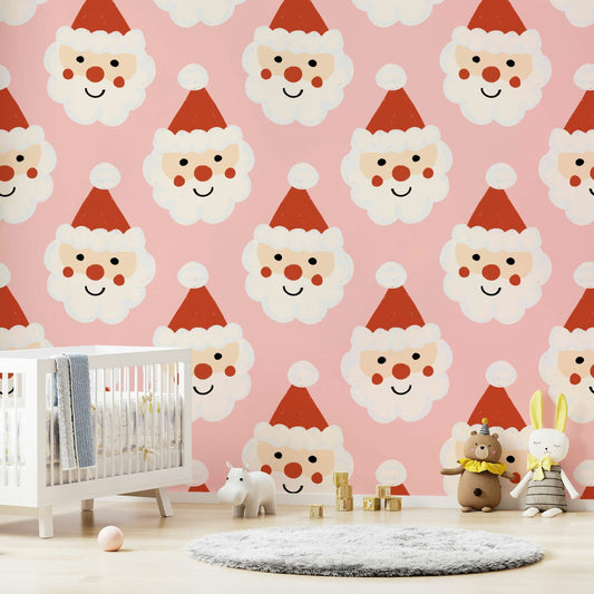 A festive wallpaper pattern with repeating cartoon Santa smiles in warm, cheerful colors.