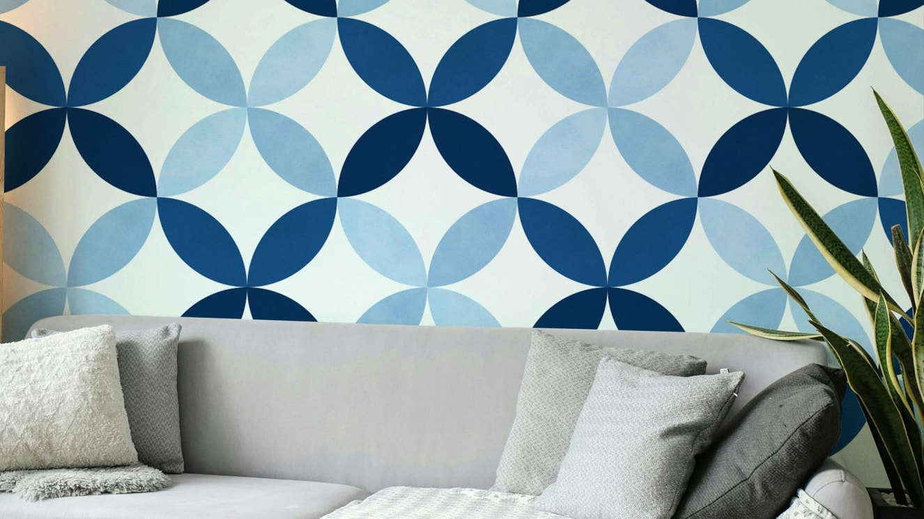 A photo-realistic wall mural with a repeating pattern of flower petals.

