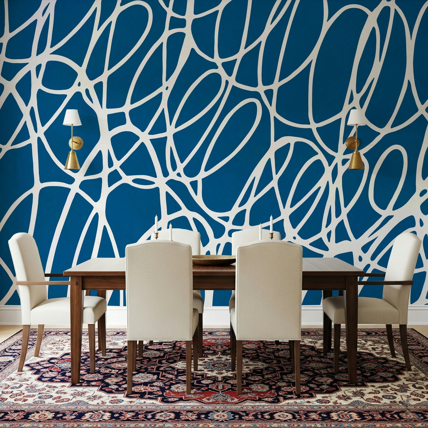Deep indigo and creamy white abstract art for sophisticated wall decoration.
