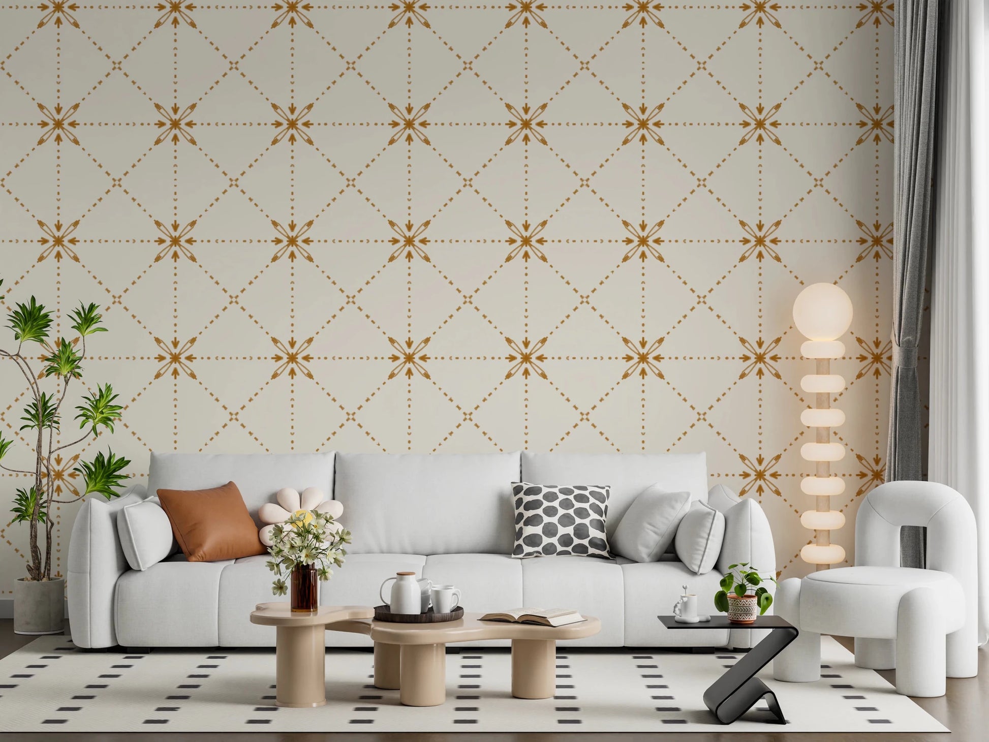 Sashiko Hana - Goshi - Latticed Flower Stitch Gold Wallpaper⁠