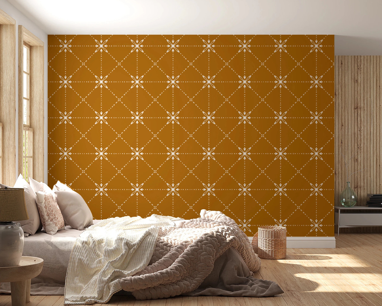 Sashiko Hana - Goshi - Latticed Flower Stitch On Gold Wallpaper⁠