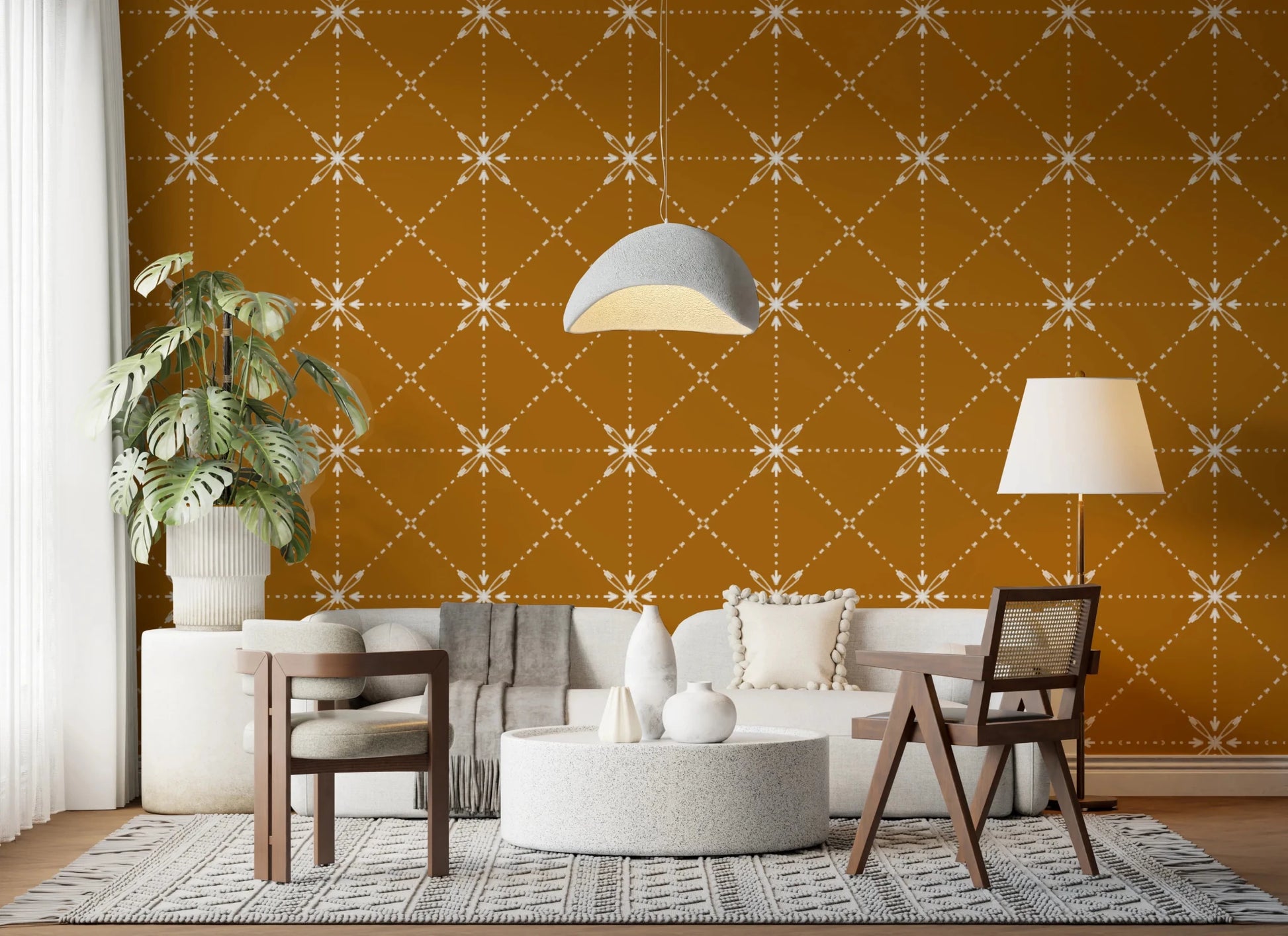 Sashiko Hana - Goshi - Latticed Flower Stitch On Gold Wallpaper⁠