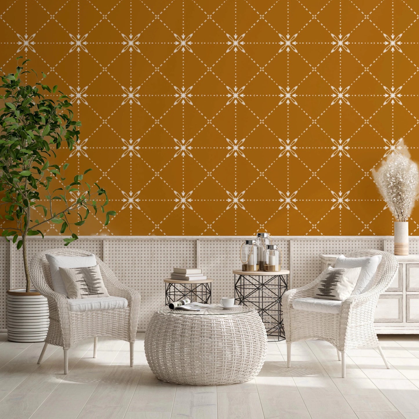 Sashiko Hana - Goshi - Latticed Flower Stitch On Gold Wallpaper⁠