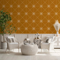 Sashiko Hana - Goshi - Latticed Flower Stitch On Gold Wallpaper⁠