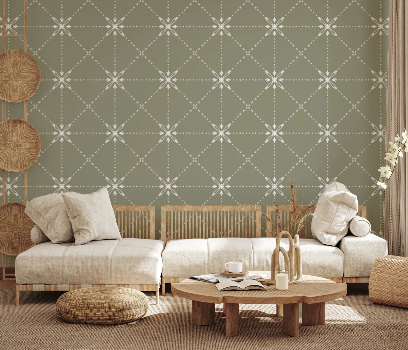 Sashiko Hana - Goshi - Latticed Flower Stitch On Sage Wallpaper⁠