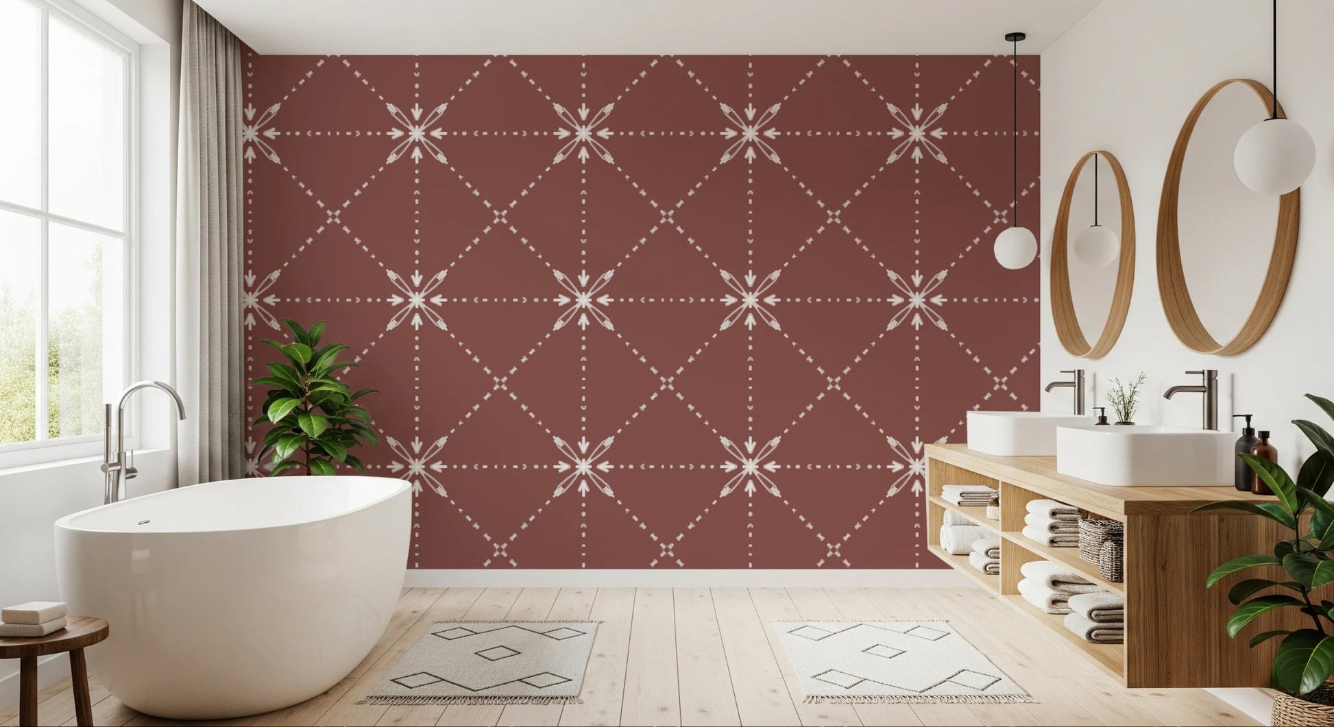 Sashiko Hana - Goshi - Latticed Flower Stitch On Terracotta Wallpaper⁠