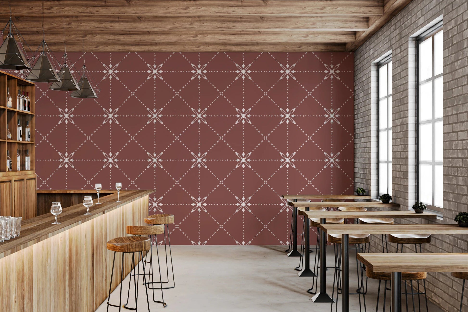 Sashiko Hana - Goshi - Latticed Flower Stitch On Terracotta Wallpaper⁠