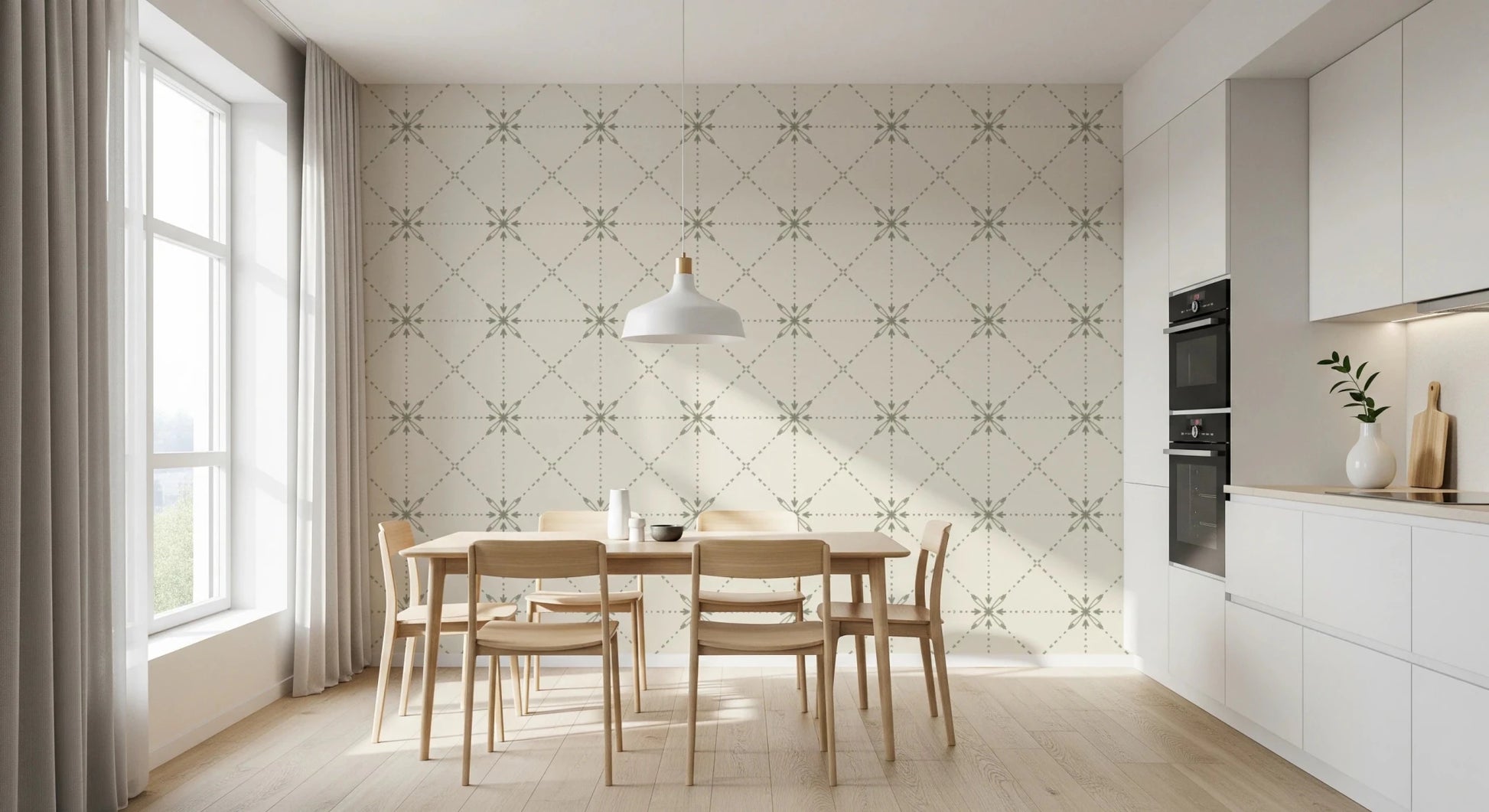 Sashiko Hana - Goshi - Latticed Flower Stitch Sage Wallpaper⁠