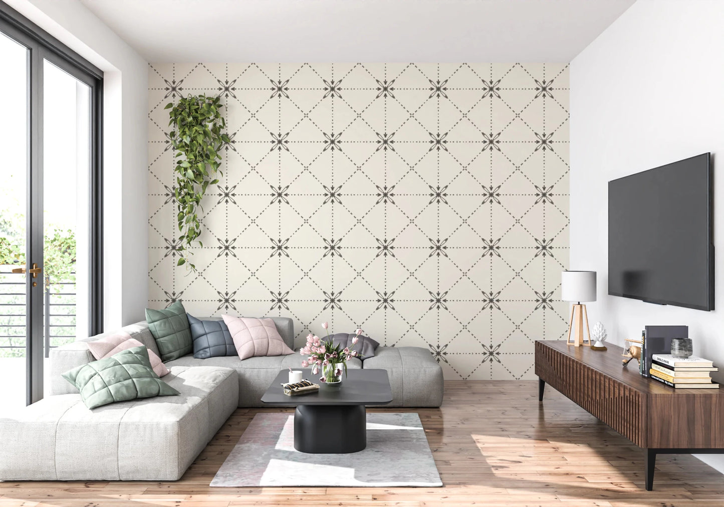 Sashiko Hana - Goshi - Latticed Flower Stitch Silhouette Wallpaper⁠