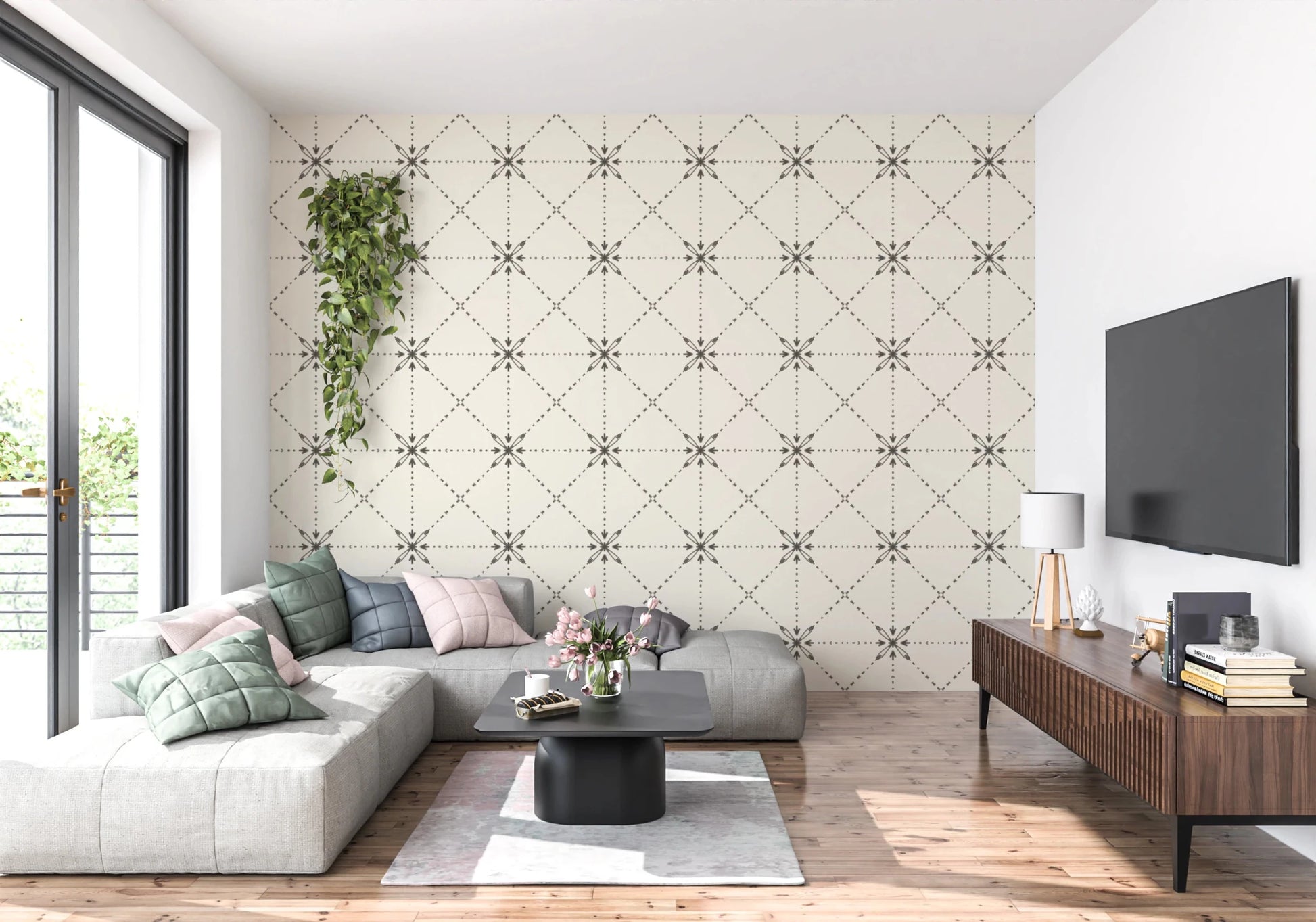 Sashiko Hana - Goshi - Latticed Flower Stitch Silhouette Wallpaper⁠