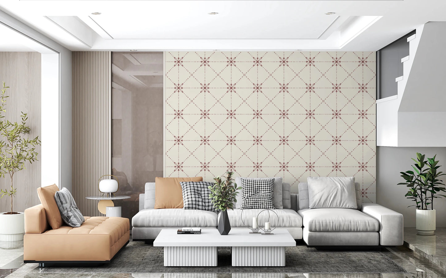 Sashiko Hana - Goshi - Latticed Flower Stitch Terracotta Wallpaper⁠
