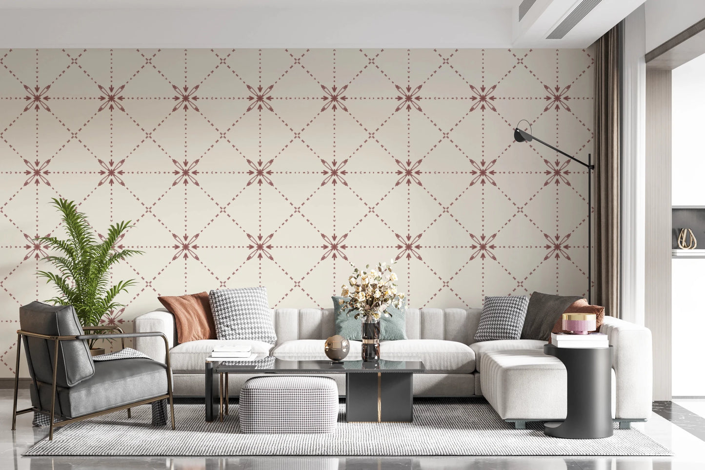 Sashiko Hana - Goshi - Latticed Flower Stitch Terracotta Wallpaper⁠