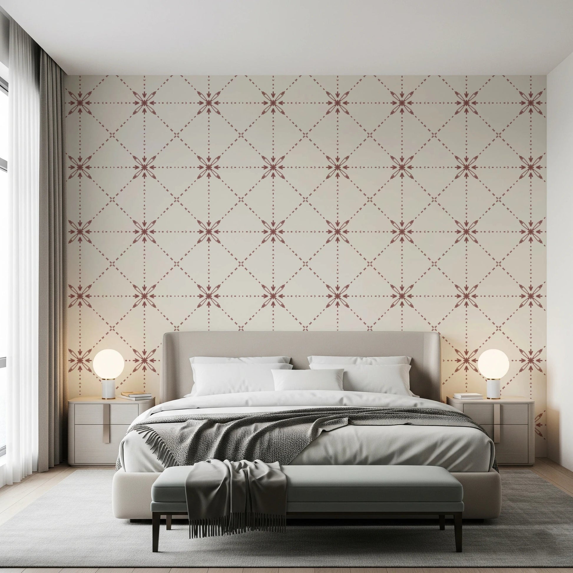 Sashiko Hana - Goshi - Latticed Flower Stitch Terracotta Wallpaper⁠