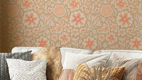 Sayulita Tropical Retro Floral Botanical Peach Fuzz Orange Beige Wallpaper.

