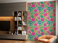 Retro-style floral and botanical motifs on a wall.

