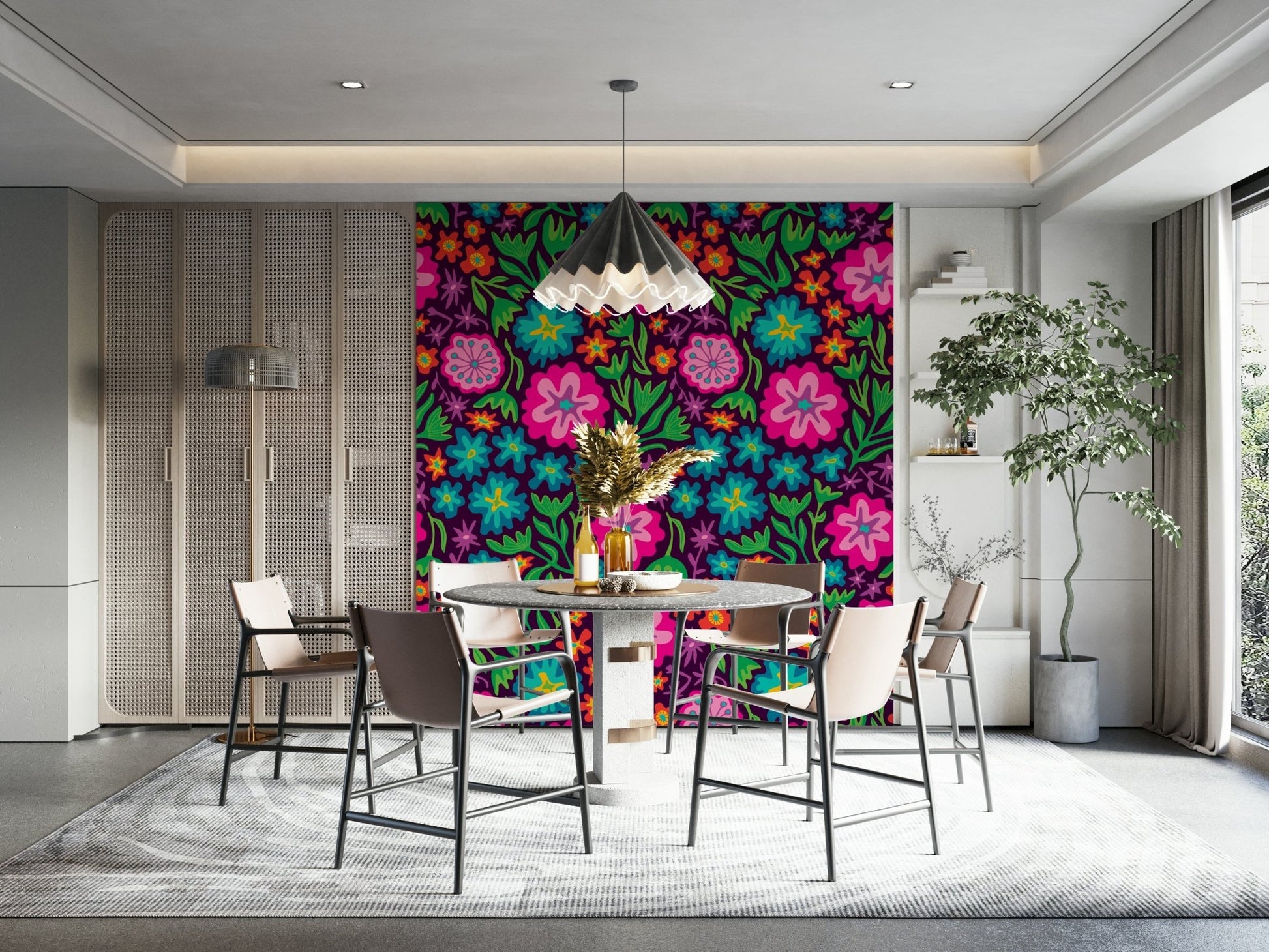 Retro-style floral and botanical motifs on a wall.

