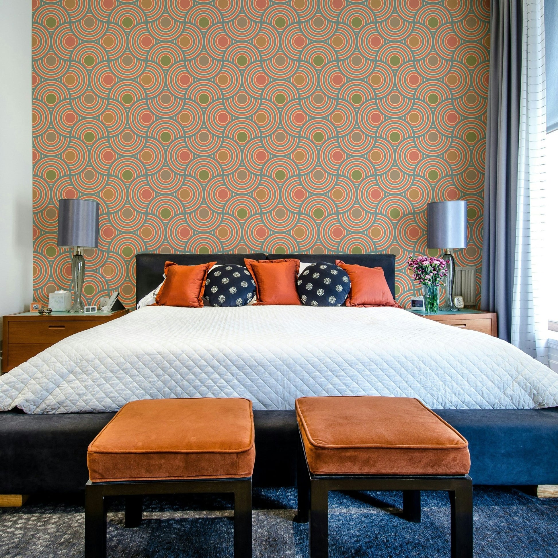 A wall mural of an abstract, geometric pattern.

