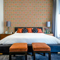 A wall mural of an abstract, geometric pattern.

