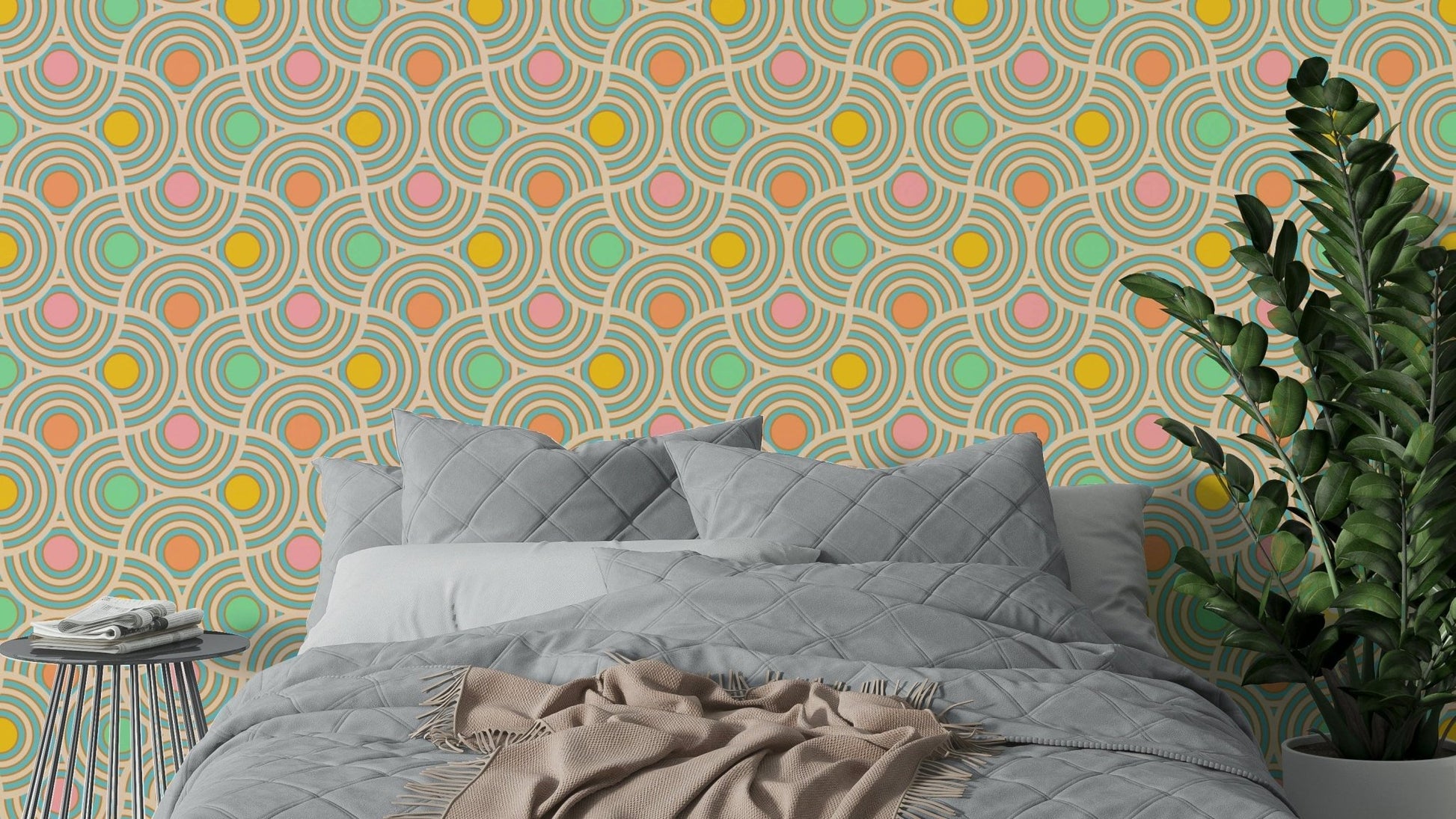 A wall mural of an abstract, geometric pattern.

