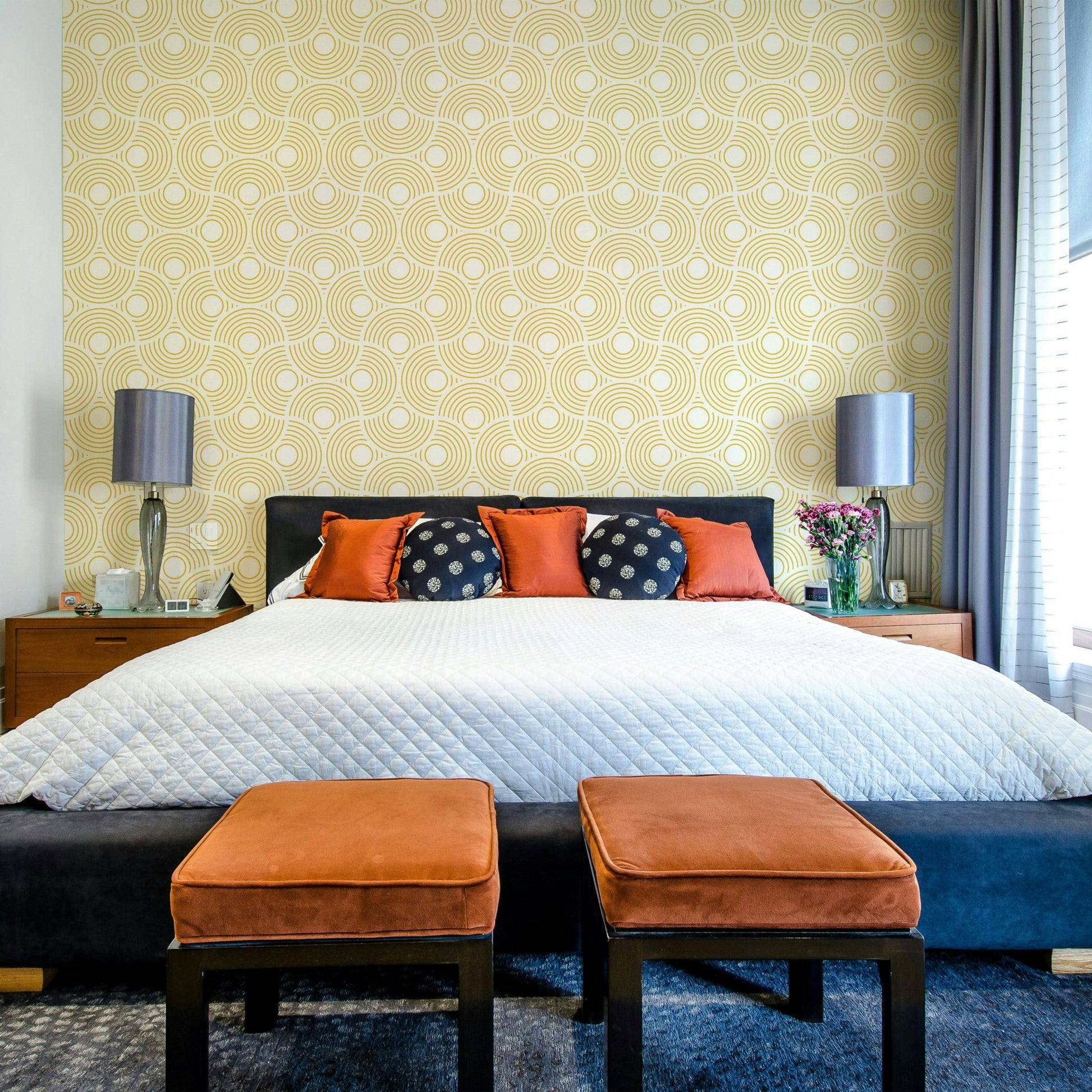 A wall mural of an abstract, geometric pattern.

