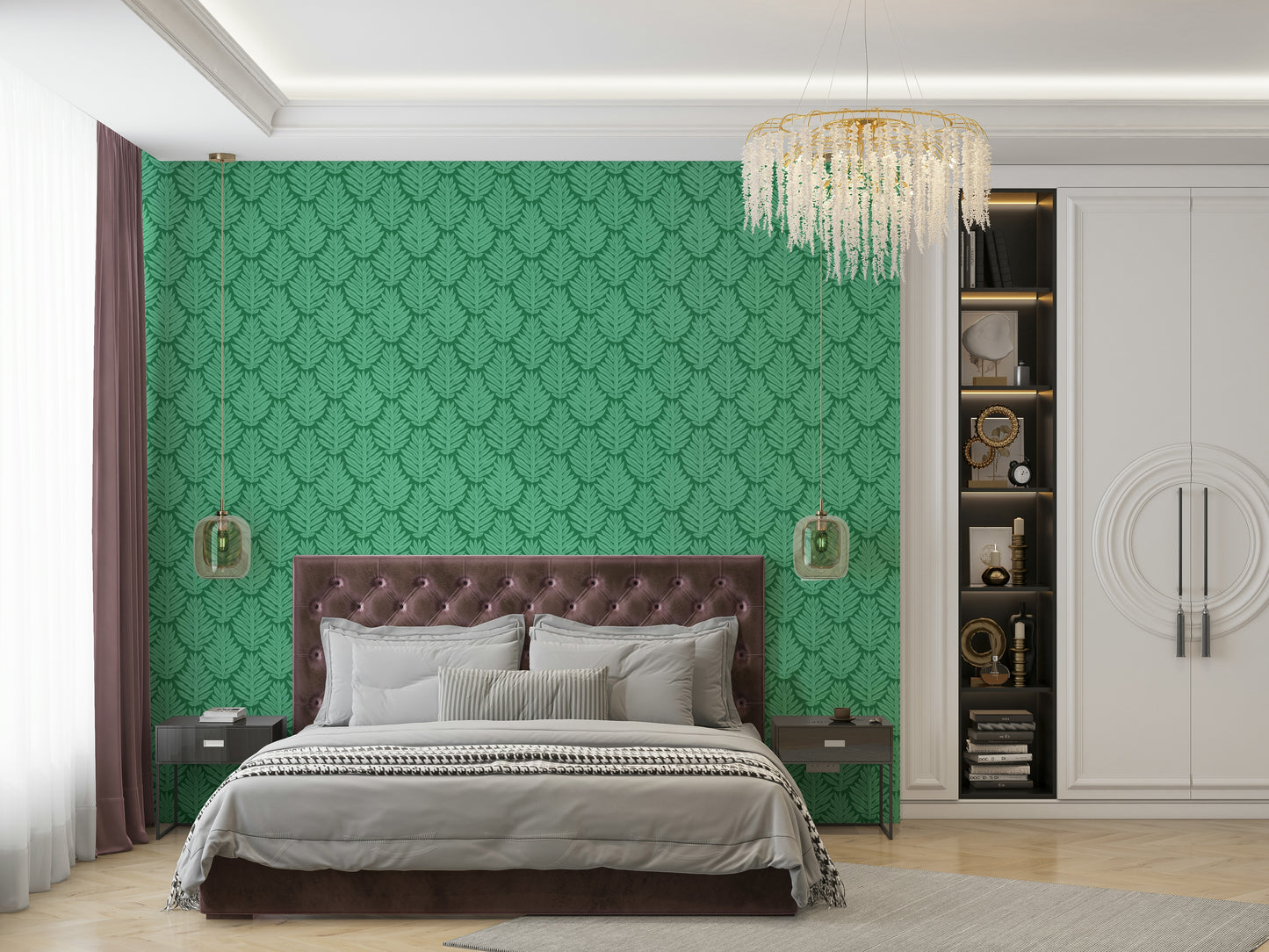 Scallop green leaf wallpaper with rich jungle jewel accents

