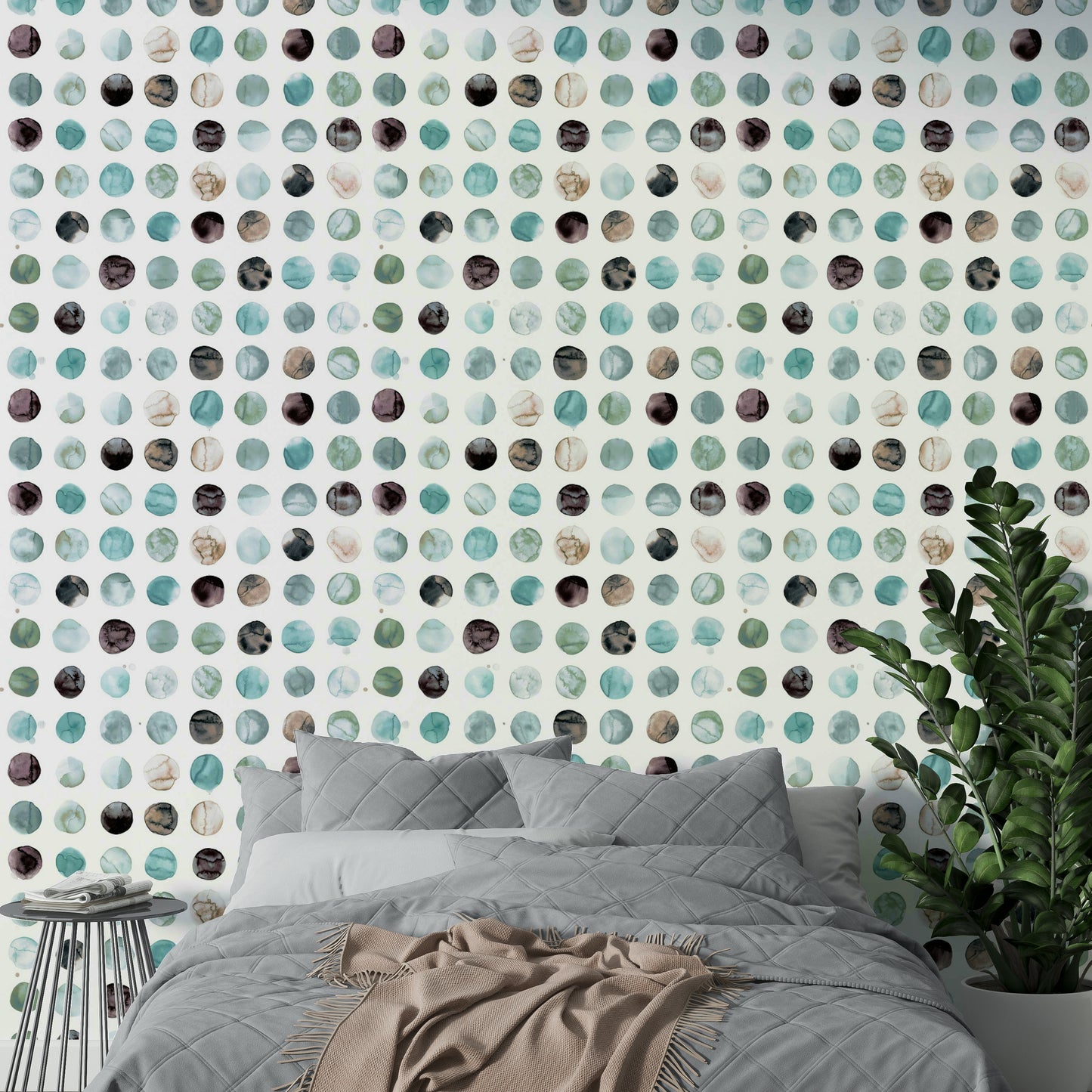 Scandinavian-style mural with minimal watercolor blue dots.

