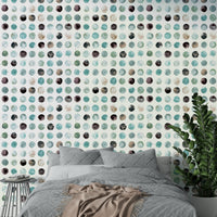 Scandinavian-style mural with minimal watercolor blue dots.

