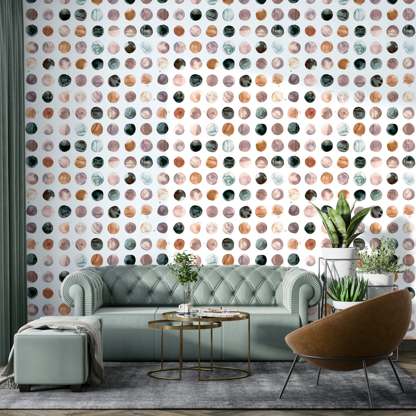 Terracotta polka dot mural with a watercolor finish.

