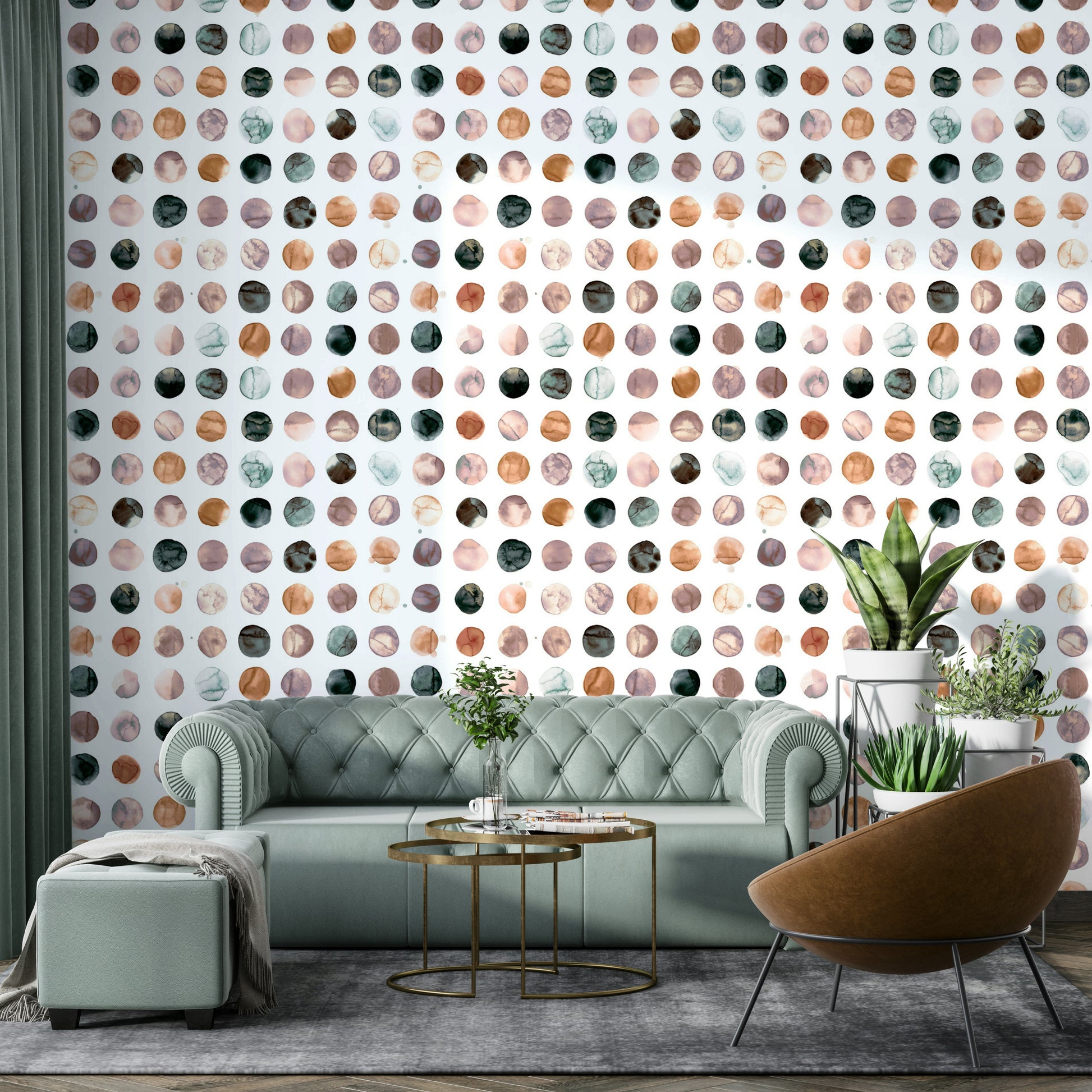 Terracotta polka dot mural with a watercolor finish.

