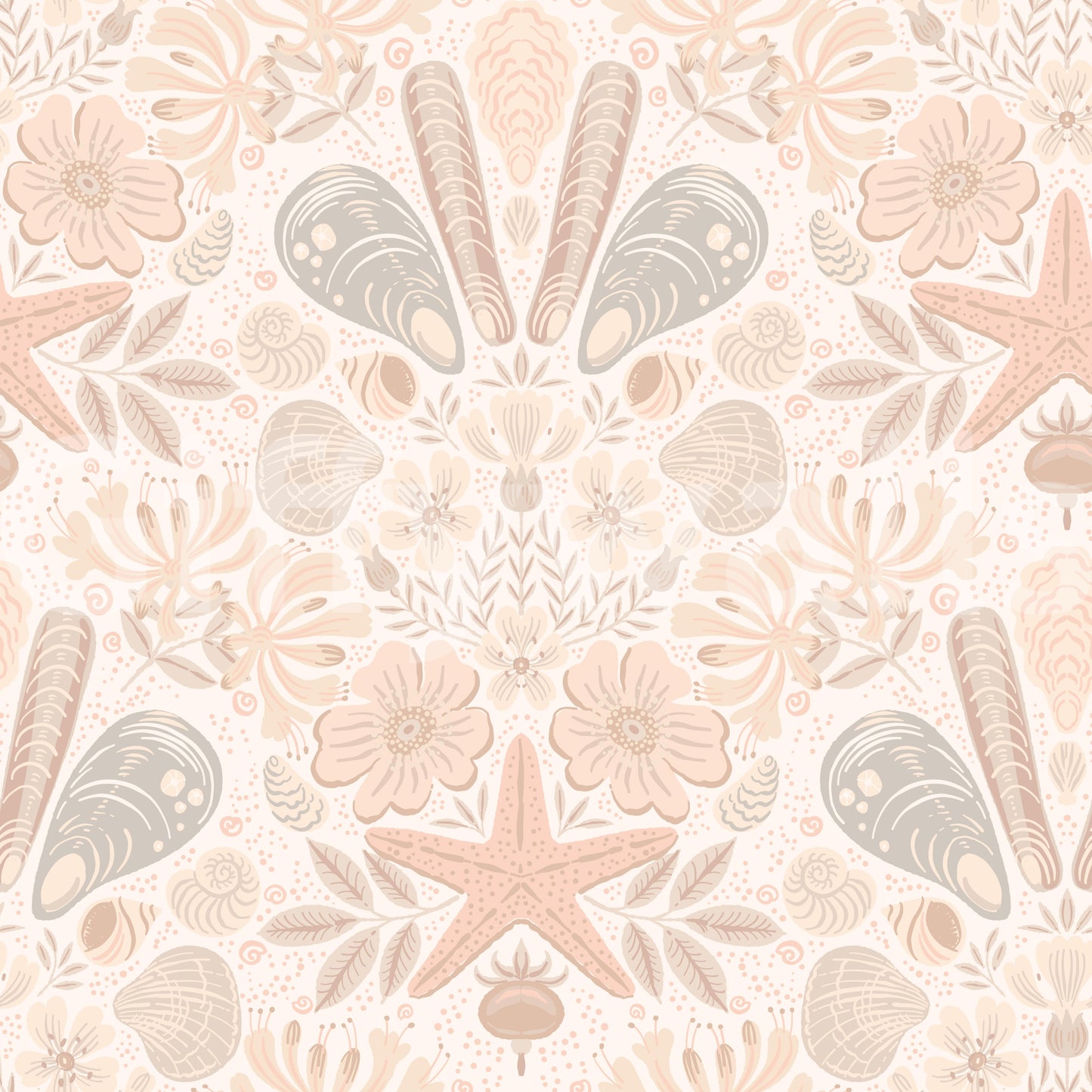 Scandinavian Beach Flora Damask Blush wallpaper close-up showing pink shells, starfish and flowers on cream