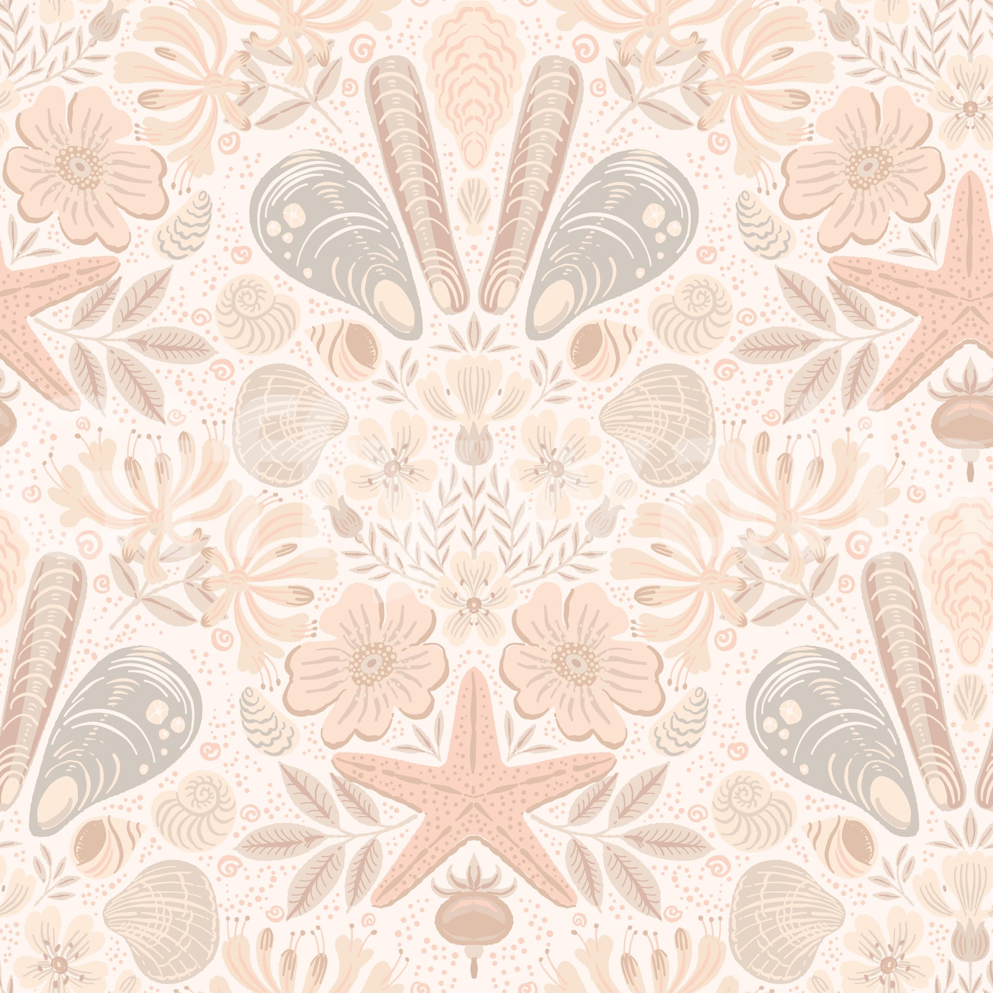 Scandinavian Beach Flora Damask Blush wallpaper close-up showing pink shells, starfish and flowers on cream