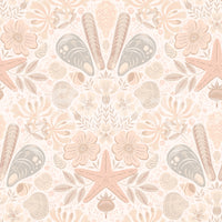 Scandinavian Beach Flora Damask Blush wallpaper close-up showing pink shells, starfish and flowers on cream
