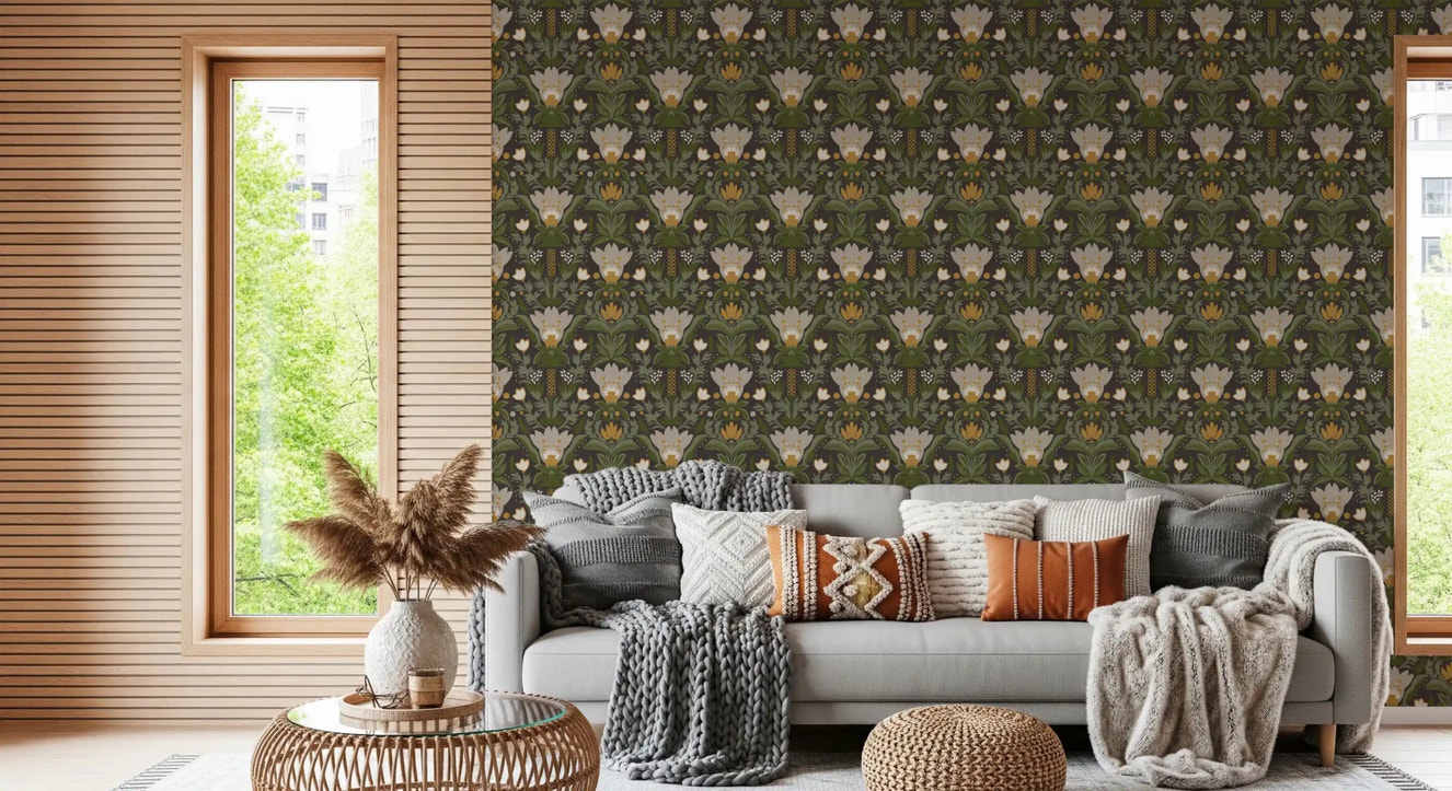 Nordic meadow floral wallpaper in a living room with sage leaf pattern