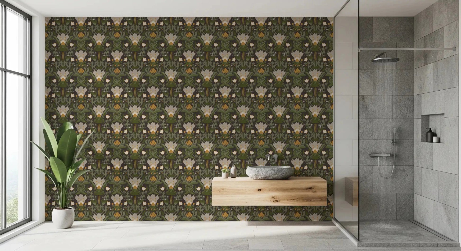 Nordic folk wallpaper with cream blooms and mustard floral accents