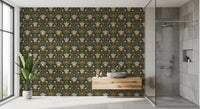 Nordic folk wallpaper with cream blooms and mustard floral accents