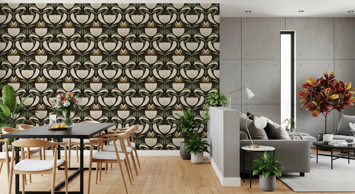 Scandinavian Folk Art Floral Garden – Earthy Botanical Pattern with Sage Green Leaves, Cream Flowers and Mustard Gold Accents – Symmetrical Vintage Nature Design  Wallpaper⁠