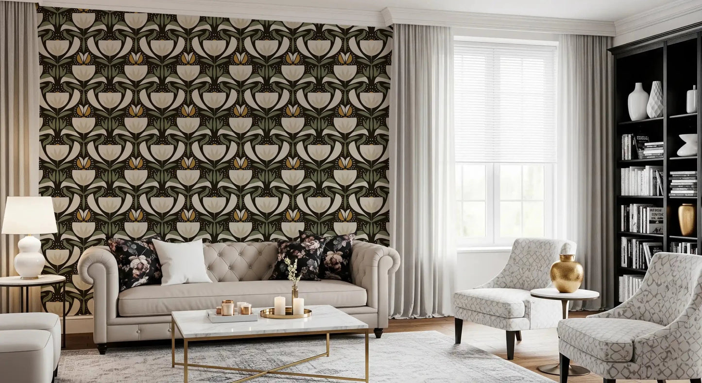 Scandinavian Folk Art Floral Garden – Earthy Botanical Pattern with Sage Green Leaves, Cream Flowers and Mustard Gold Accents – Symmetrical Vintage Nature Design  Wallpaper⁠