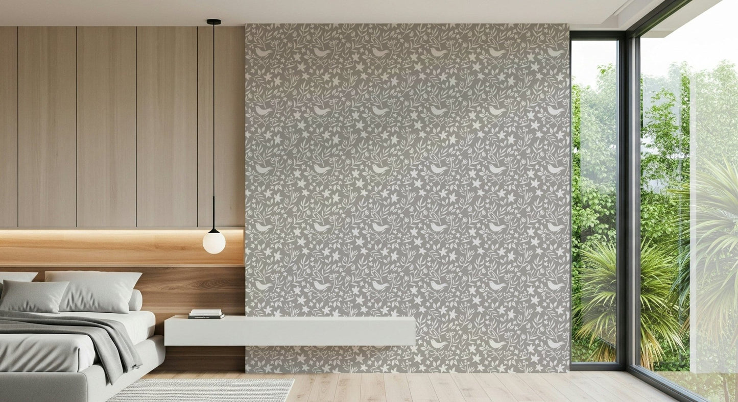 Botanical Folk Bird Theme wall mural patterned with forest vines

