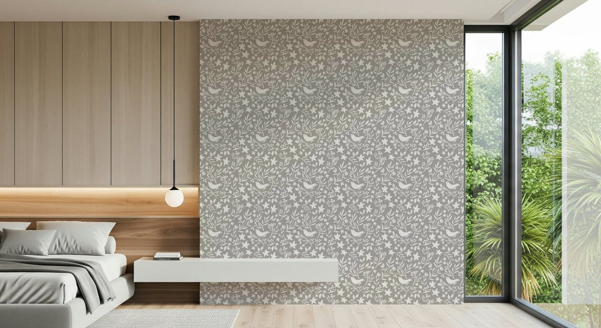Botanical Folk Bird Theme wall mural patterned with forest vines

