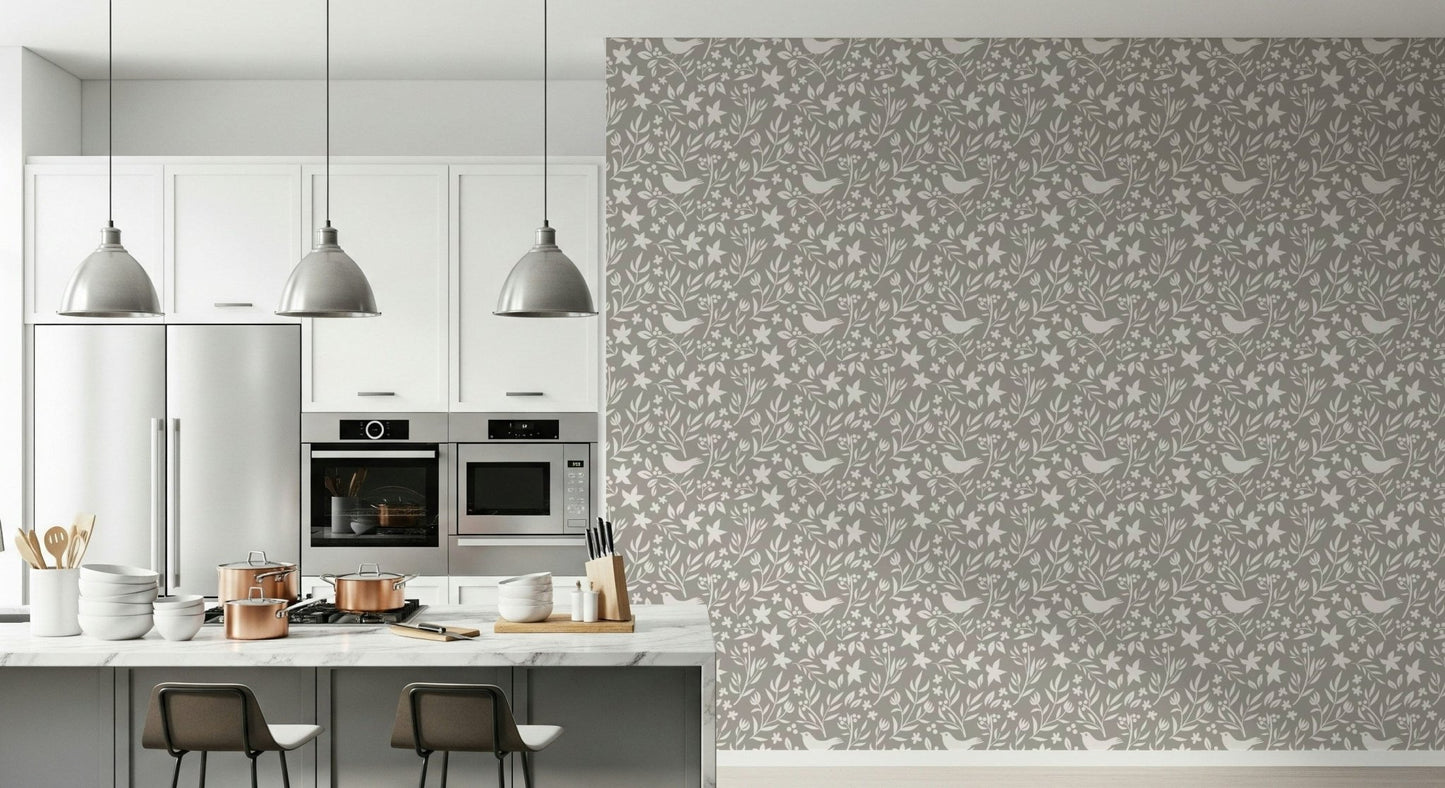 Folk Bird Botanical wall mural, cozy hygge aesthetic.

