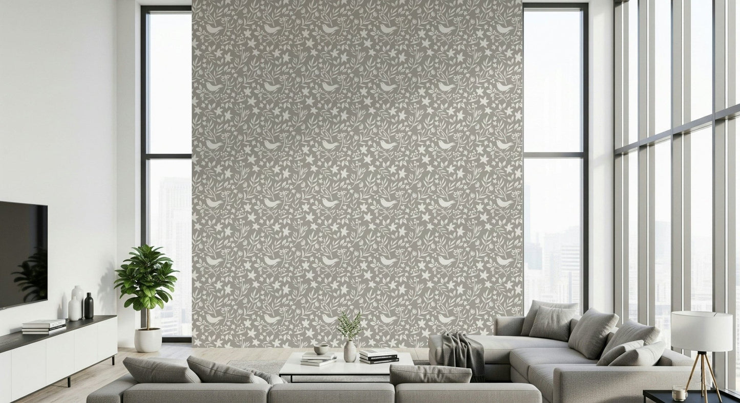 Soft Folk Bird Botanical wall mural, serene ambiance.

