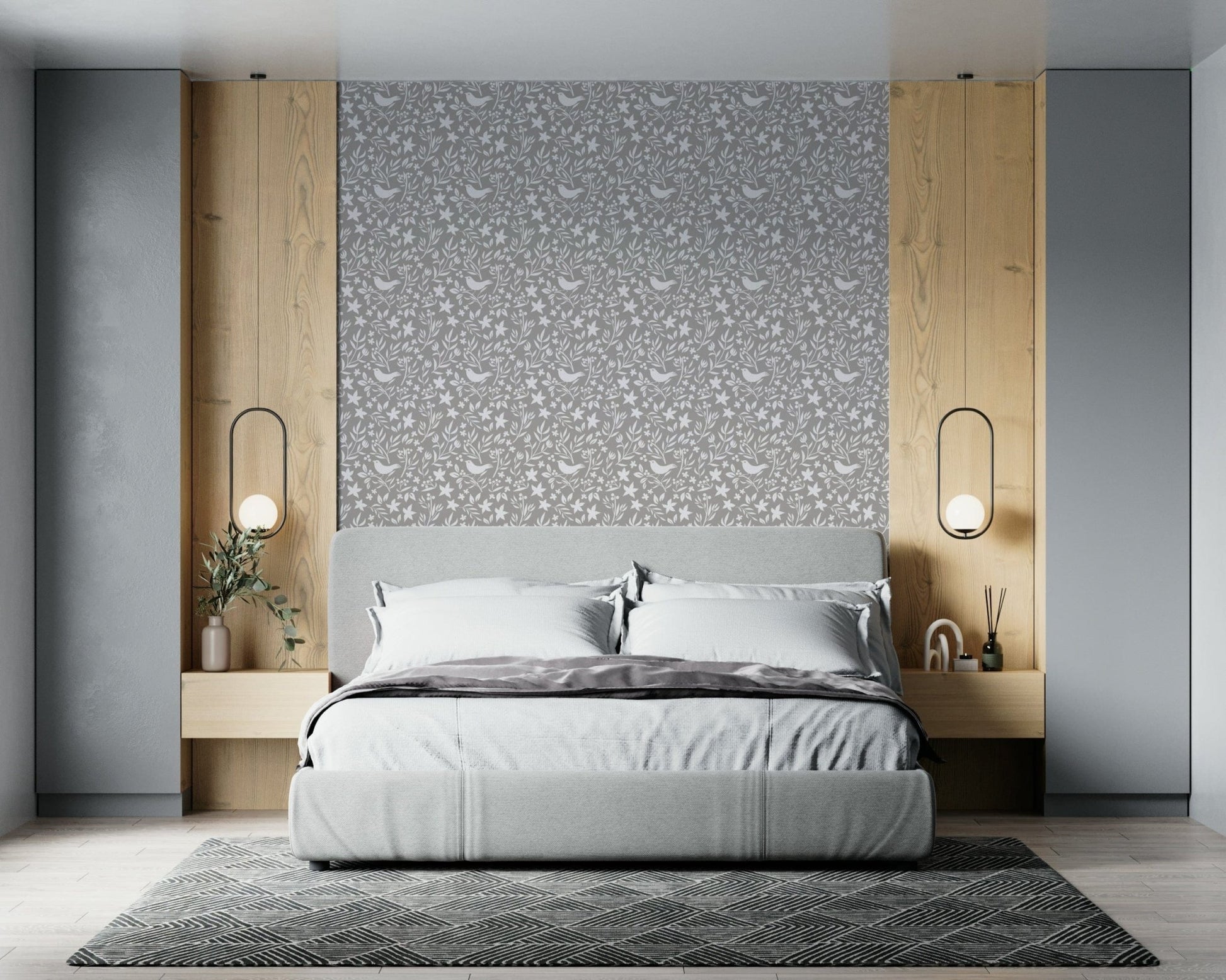Scandinavian Folk Bird Botanical wallpaper mural with scatter flowers


